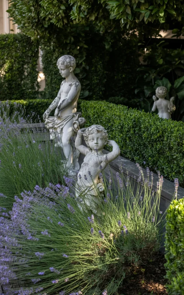 Scatter antique stone statues among greenery 🗿