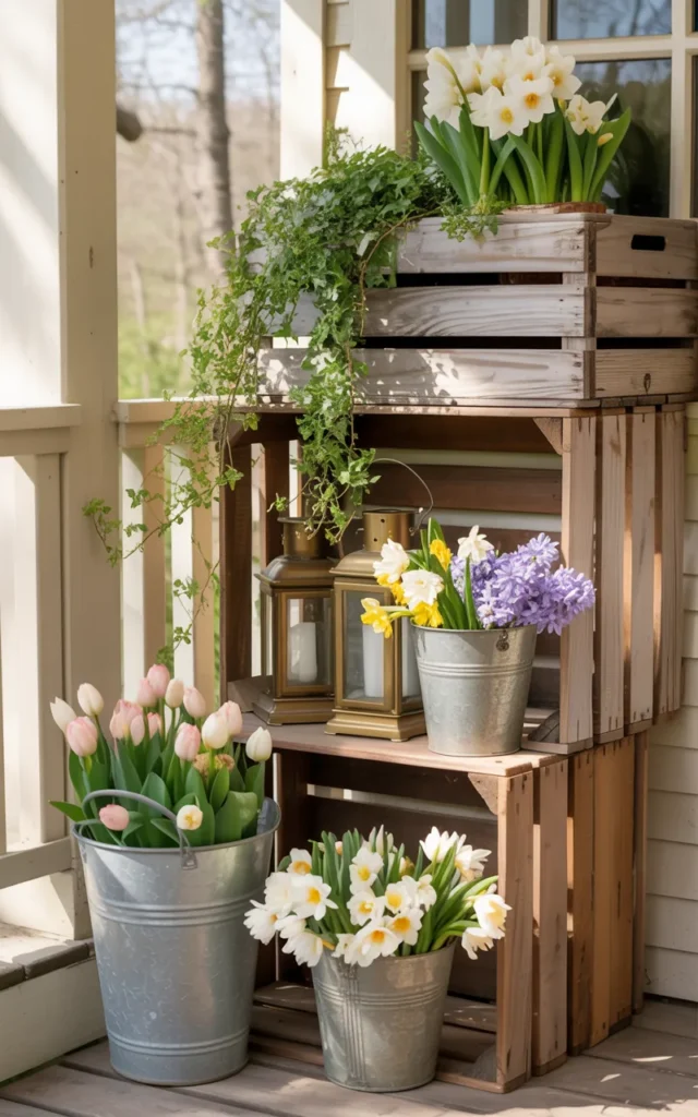 Stack wooden crates as a flower display 🌿