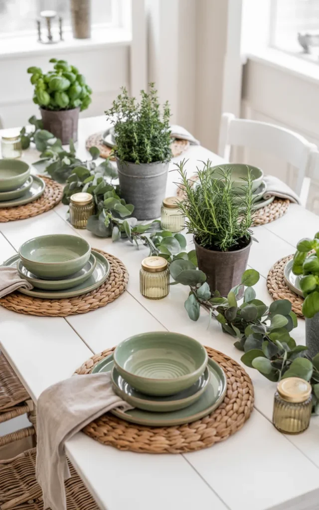 Style a farmhouse table with white and green accents 🌿