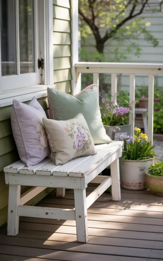 Style a small bench with spring pillows 🌸