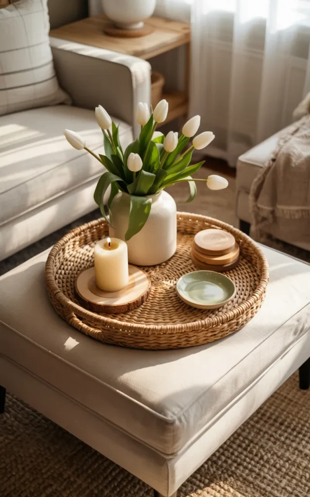 Style a spring tray on the ottoman 🌼