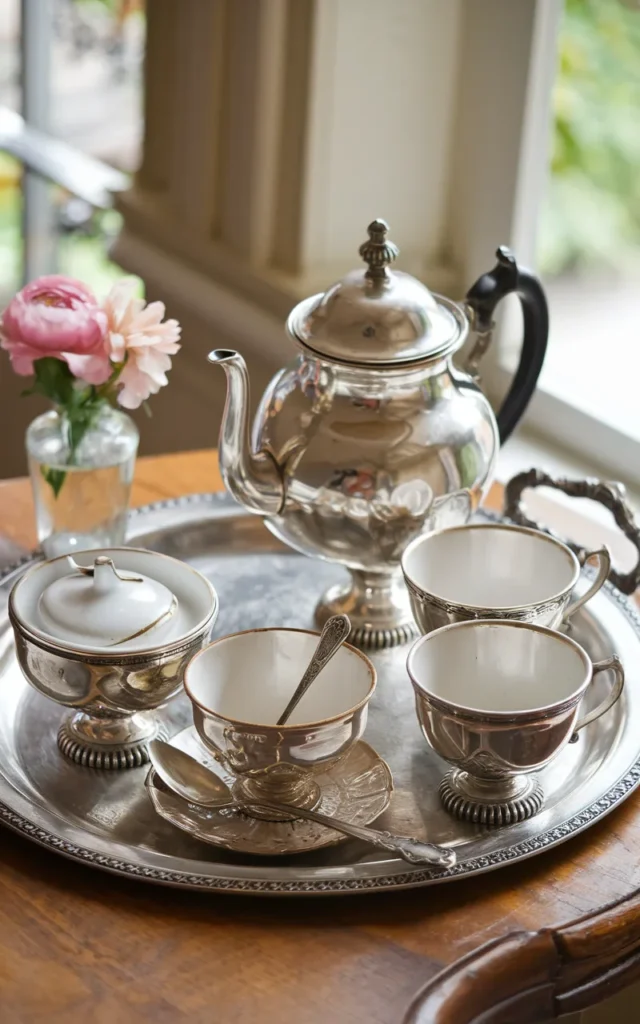 Style a vintage tray with sugar bowls and creamers 🫖