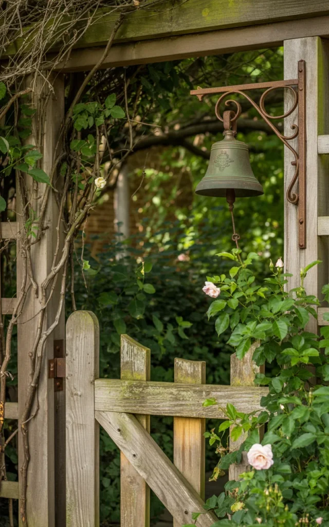 Suspend a rusted metal bell near the gate 🔔