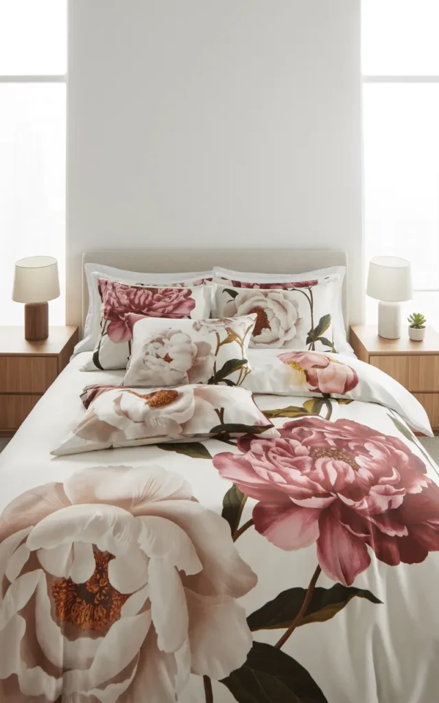 Use oversized peony prints as the focal point 🌸