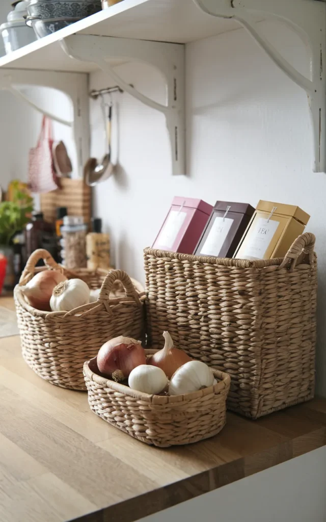 Use woven baskets for countertop storage 🧺