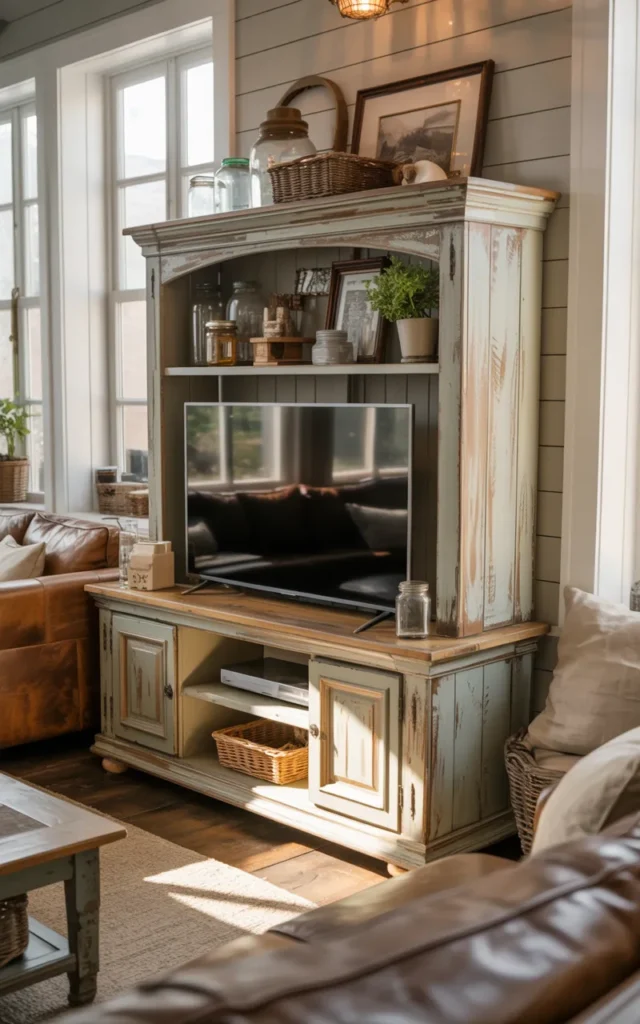 Add a distressed wooden TV unit
