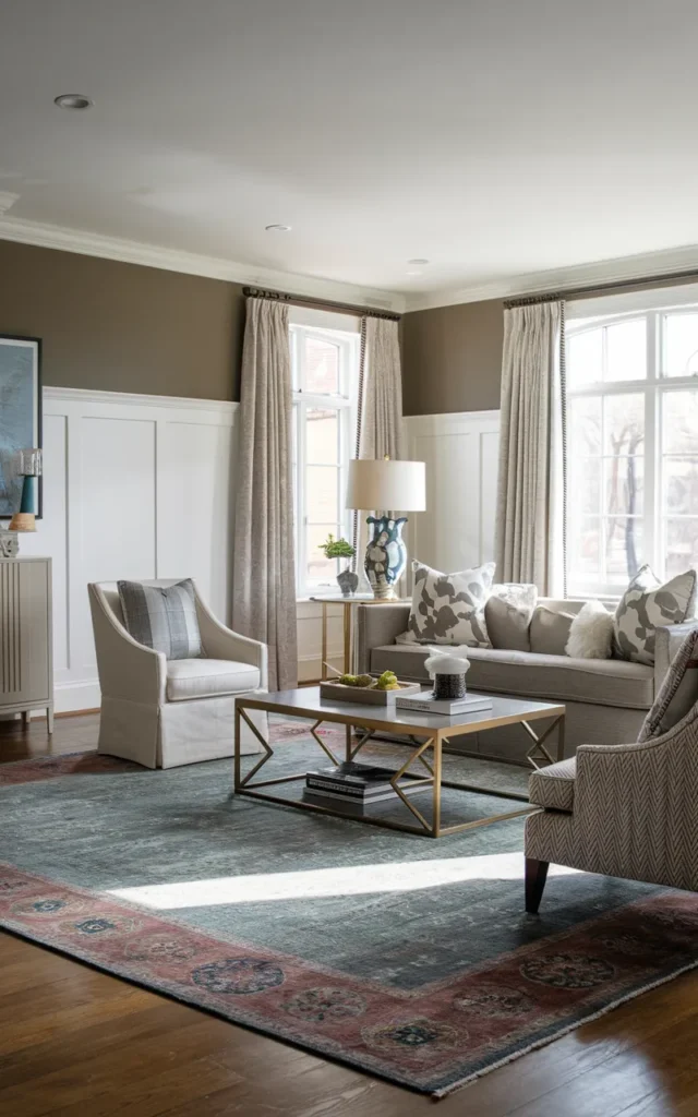 Add a large area rug to anchor the space