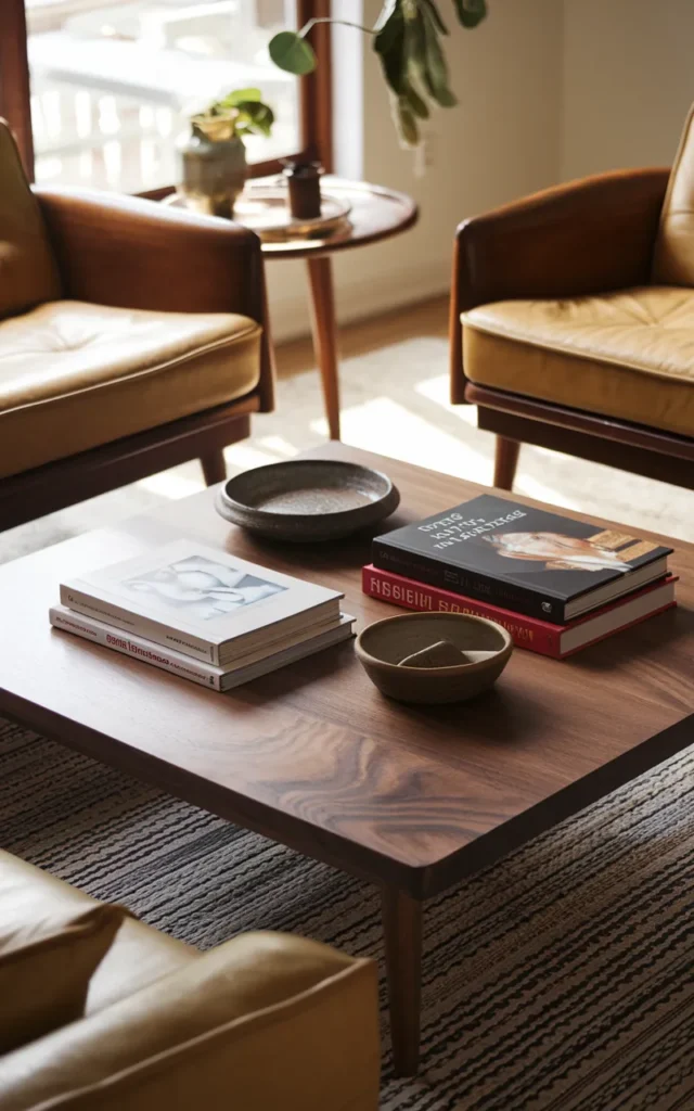 Add a walnut coffee table as your anchor piece