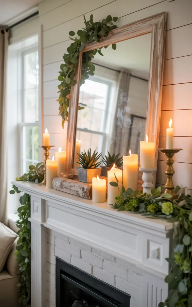Create a cozy fireplace focal point with layered décor