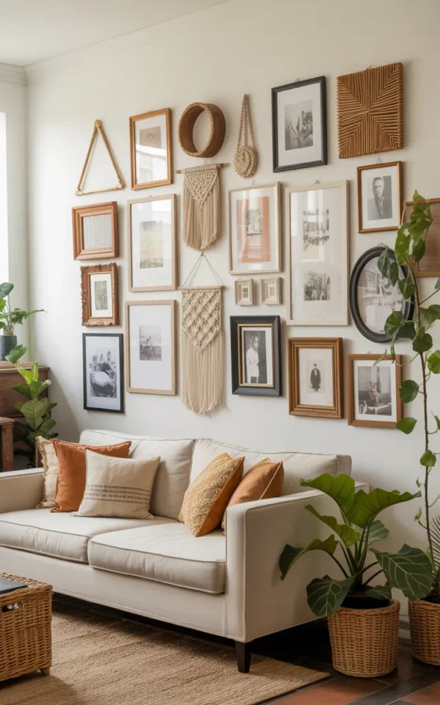 Create a layered gallery wall with personality