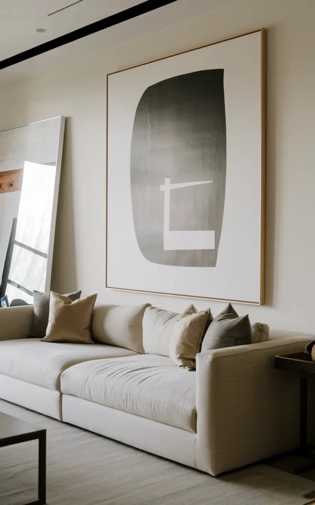 Hang oversized artwork above the sofa