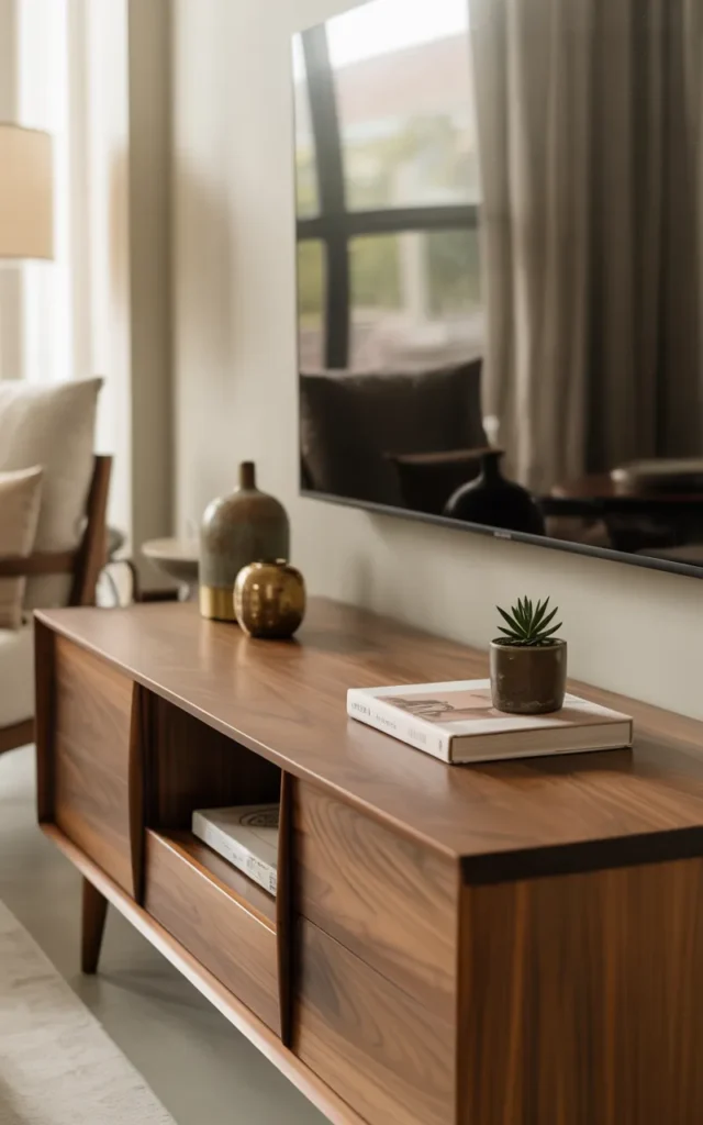 Incorporate a sleek media console with tapered legs