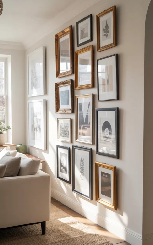 Style a gallery wall that draws the eye upward