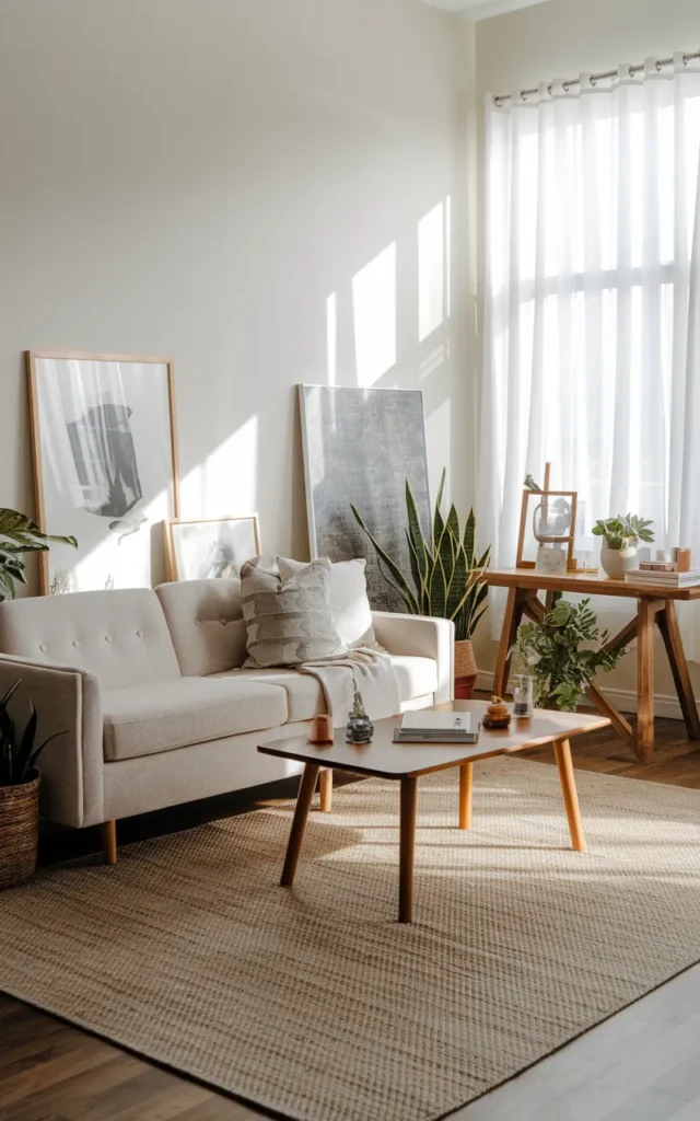 Use a large neutral area rug to define the space