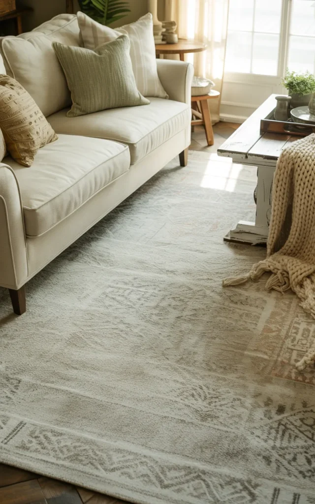 Use a neutral area rug with subtle pattern