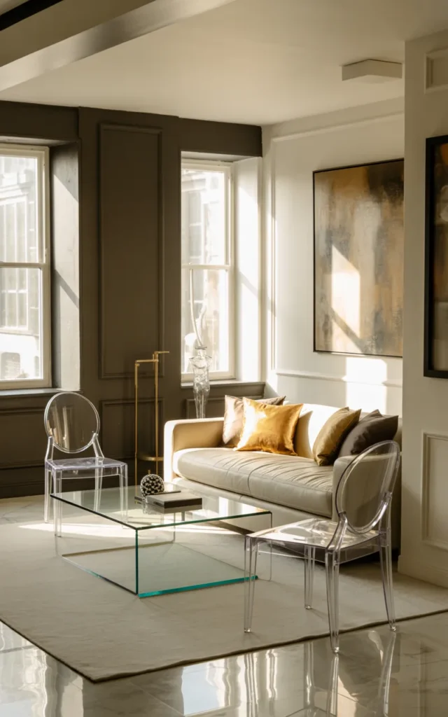Use glass or acrylic furniture to reduce visual weight