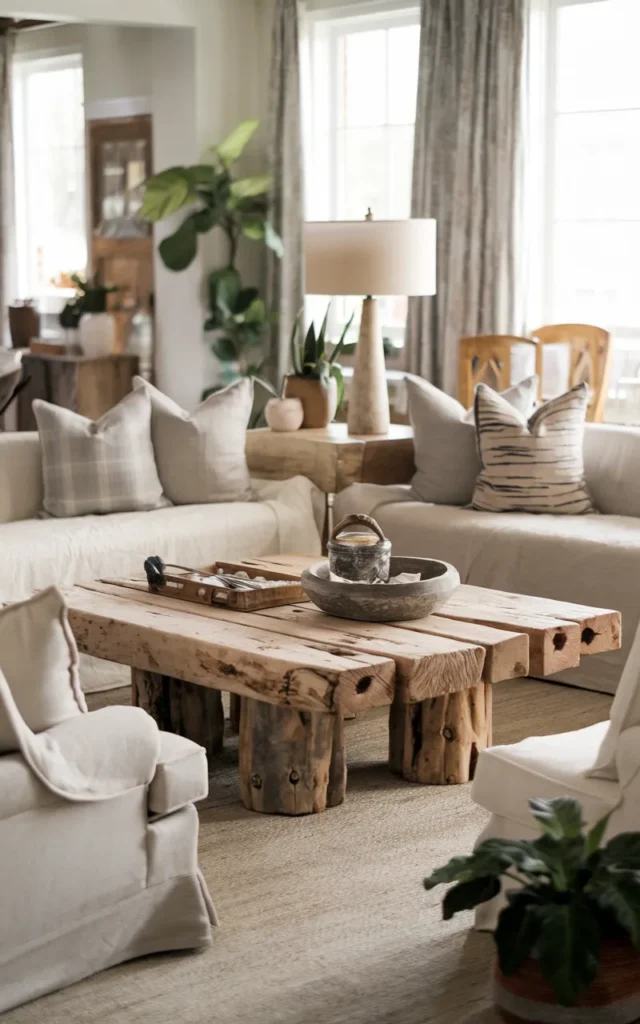 Add a chunky wooden coffee table as a focal point
