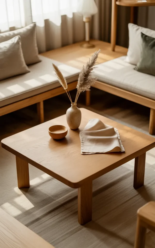Add a simple wooden coffee table