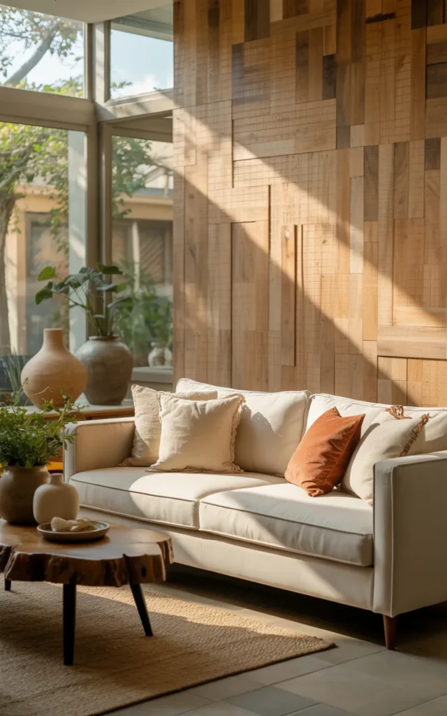 Add a textured accent wall behind your sofa