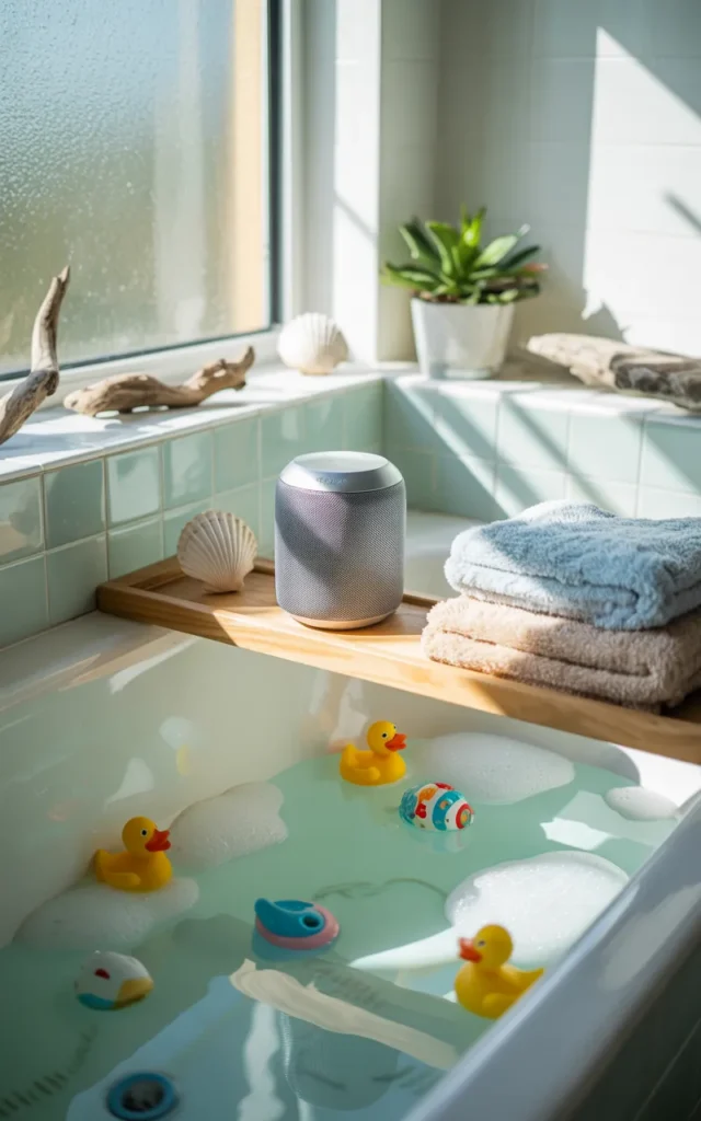 Add a waterproof Bluetooth speaker for bath time