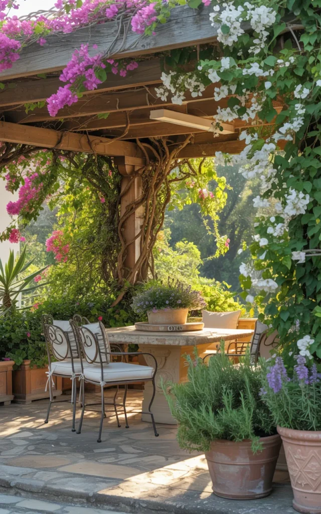 Add climbing jasmine or bougainvillea overhead
