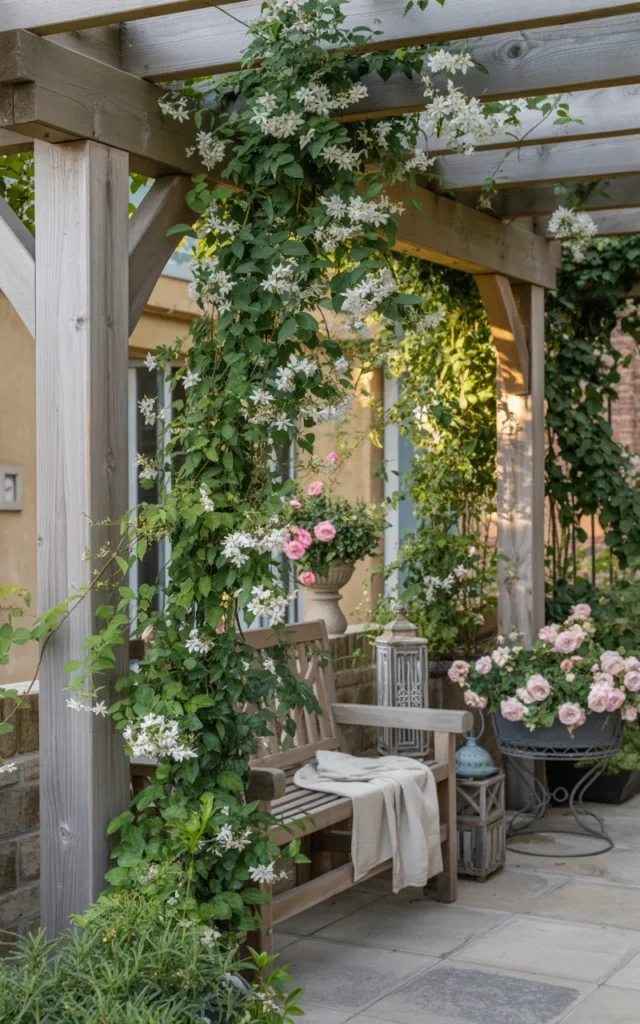 Add climbing plants to soften hard patio surfaces