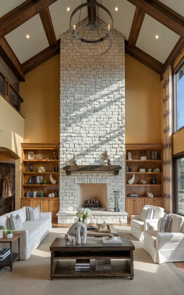 Build a dramatic fireplace that stretches upward