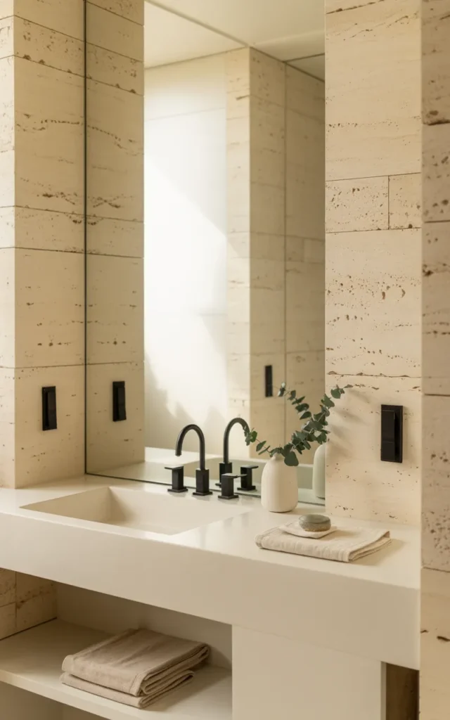 Build an all-white spa bathroom with subtle texture variations