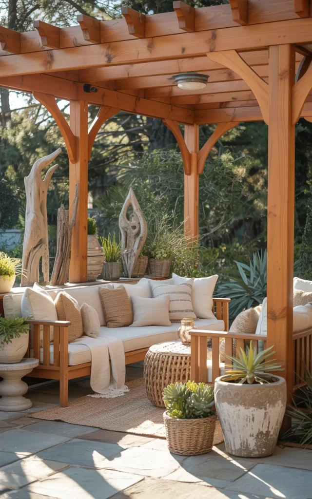 Combine neutral cushions with warm wood tones