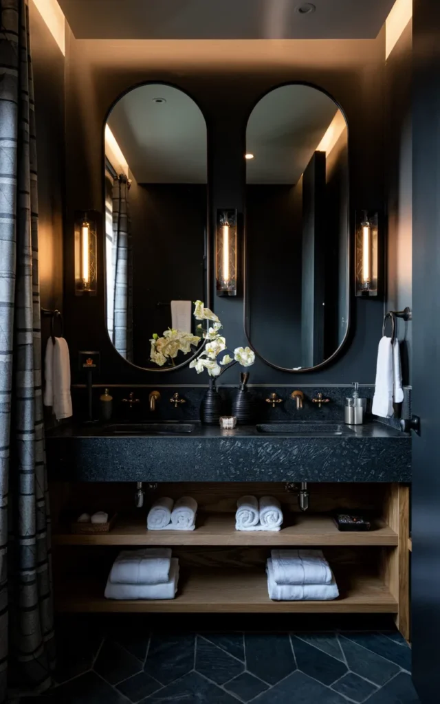 Create a moody dark bathroom with layered lighting