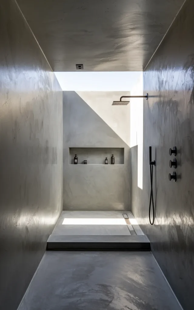 Create a seamless walk-in shower with grey microcement