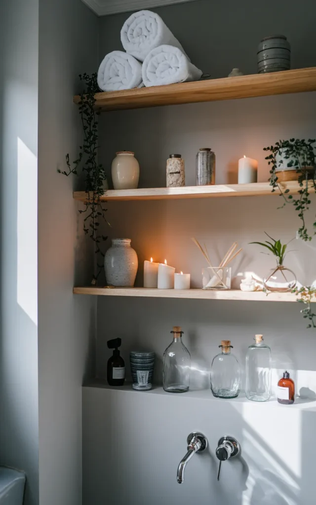 Decorate open shelves with calming neutral accessories