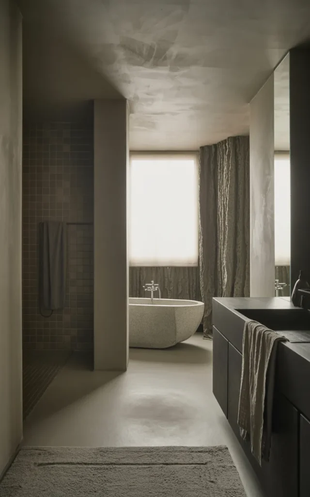Design a monochrome grey bathroom with tonal layering