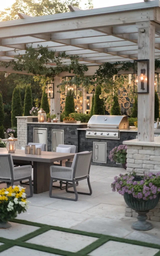 Design an outdoor kitchen beside the pergola