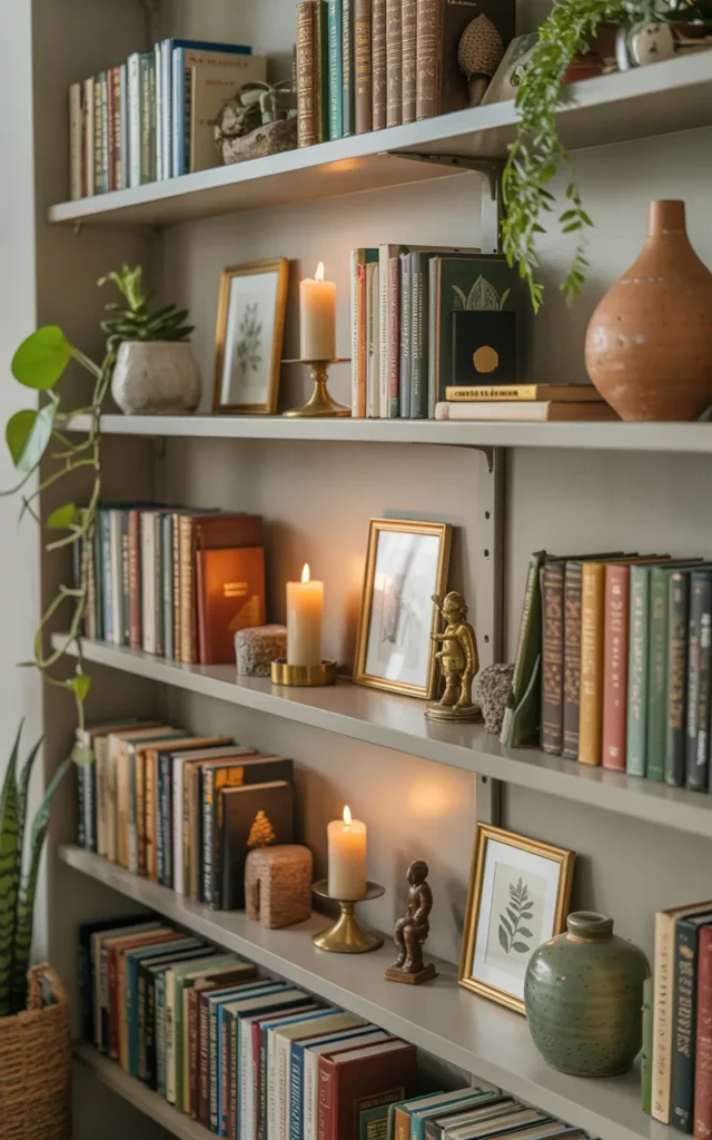 Display books horizontally and vertically on shelves