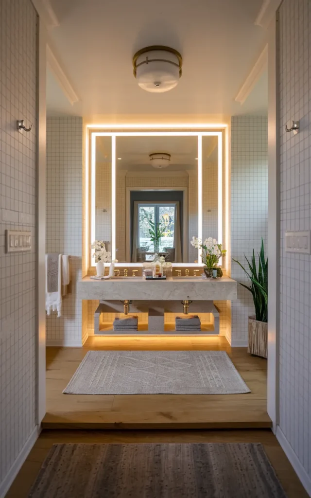 Frame the mirror with soft LED strip lighting
