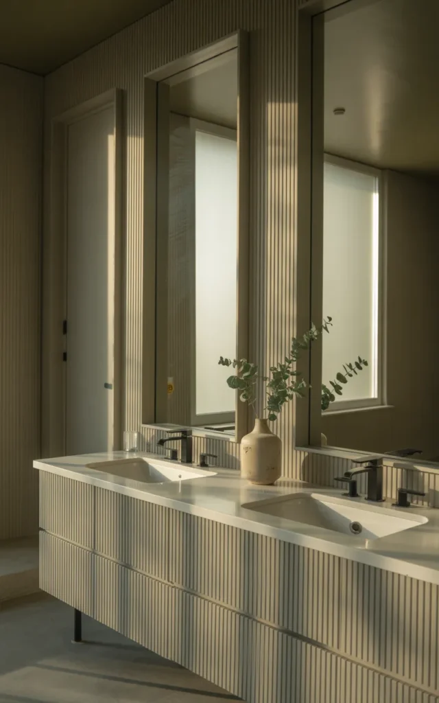 Frame the vanity wall with fluted grey panels