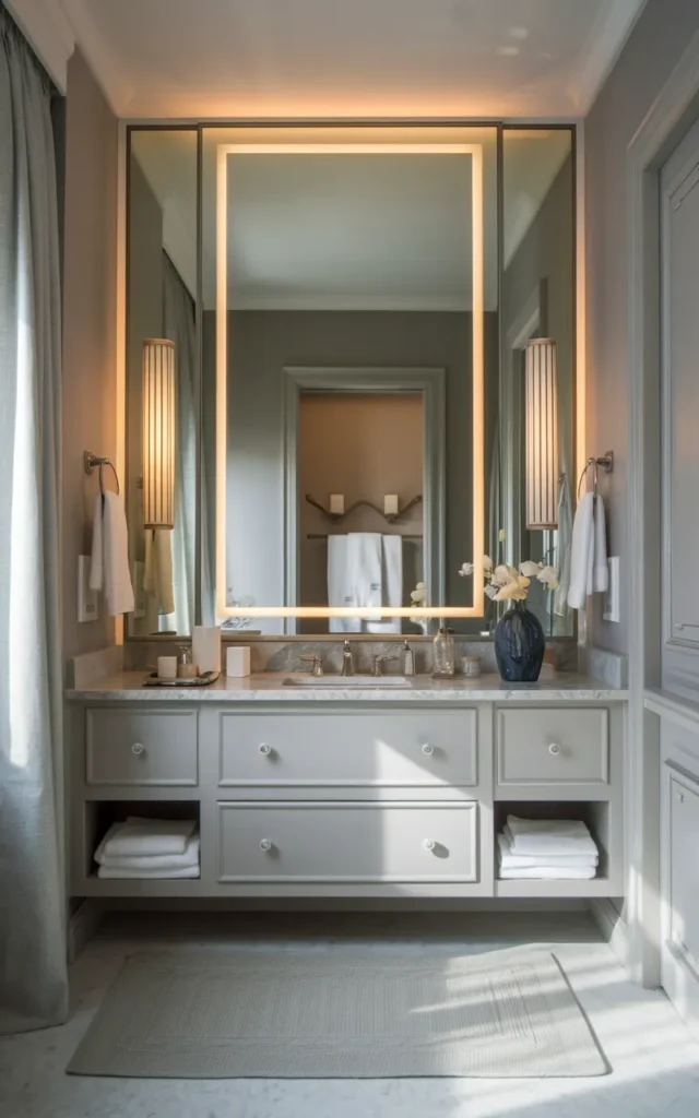 Hang a backlit mirror for a soft hotel-style glow
