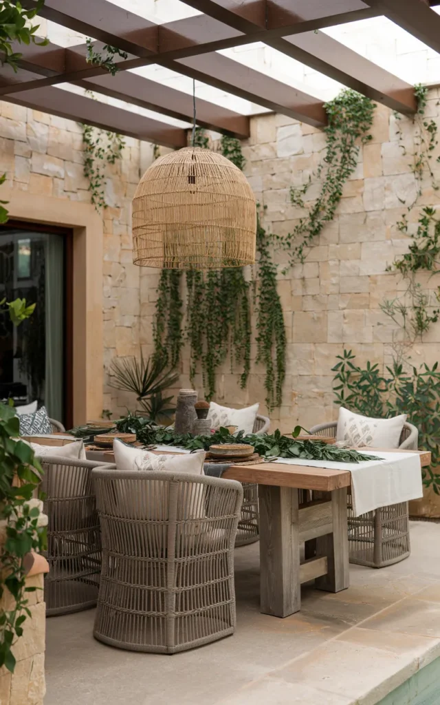 Hang a statement outdoor pendant light above the table