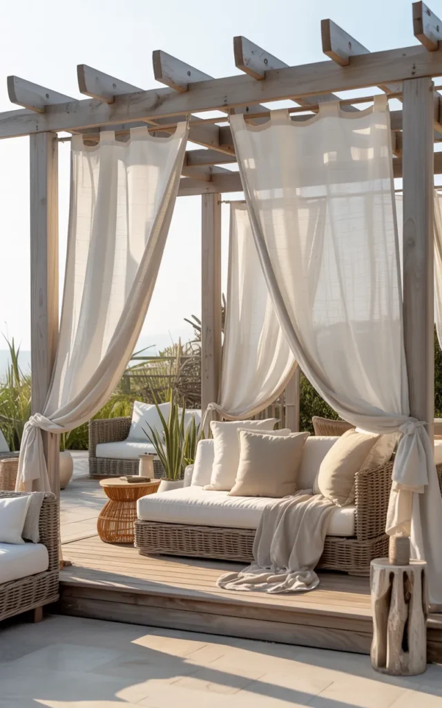 Hang flowing outdoor curtains around the pergola