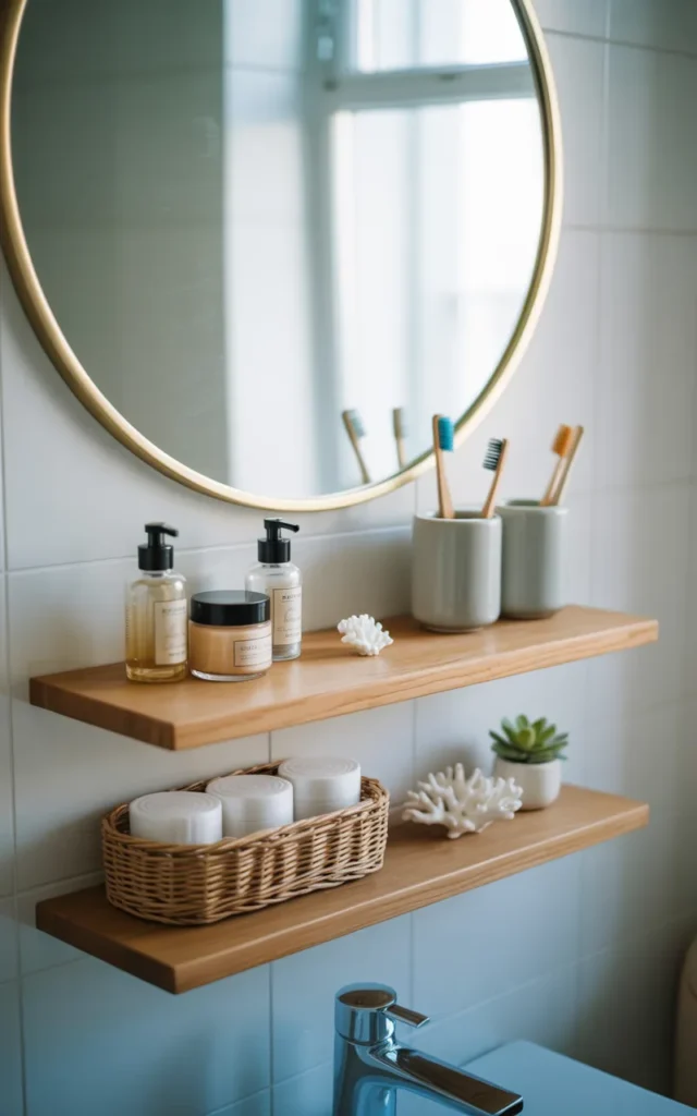 Hang mini shelves beside the mirror