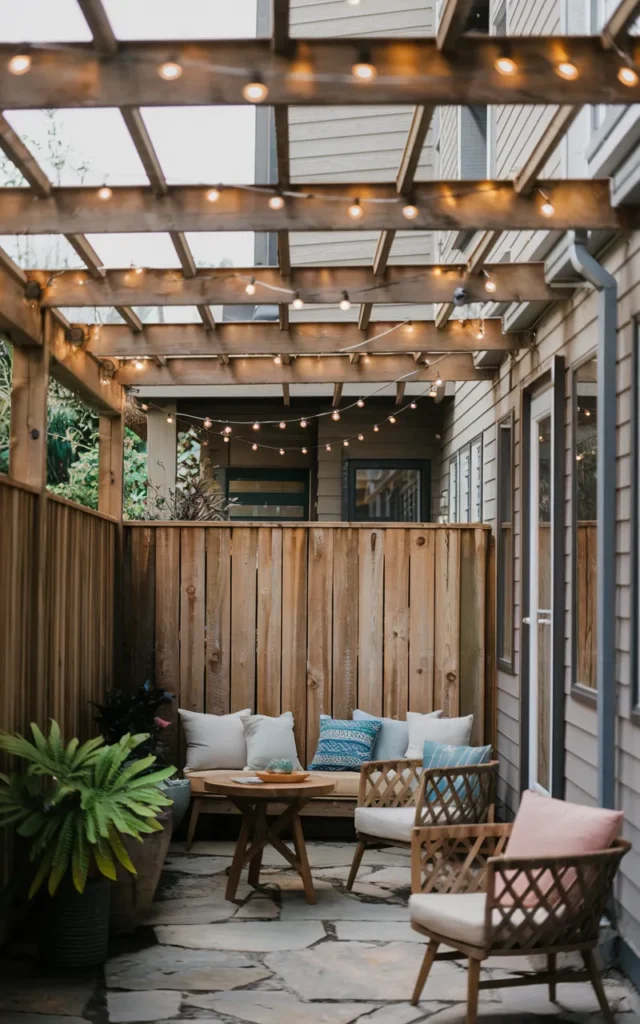 Hang warm string lights across the ceiling or fence