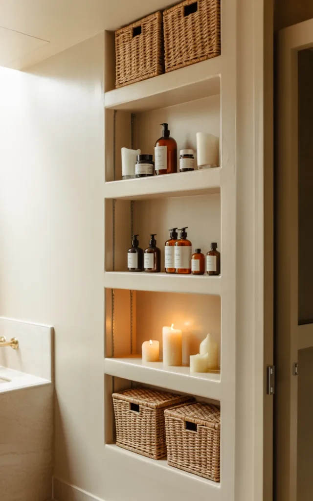 Install recessed shelving between wall studs