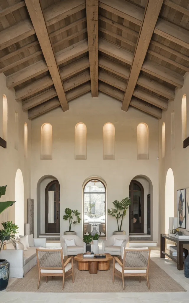 Install wood ceiling beams to soften the scale