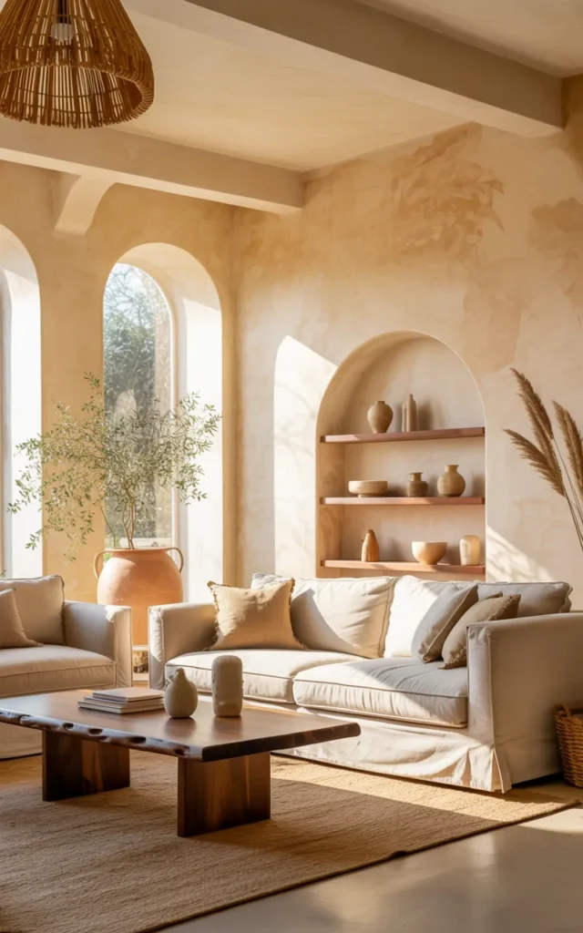 Introduce textured plaster walls for a soft luxury feel