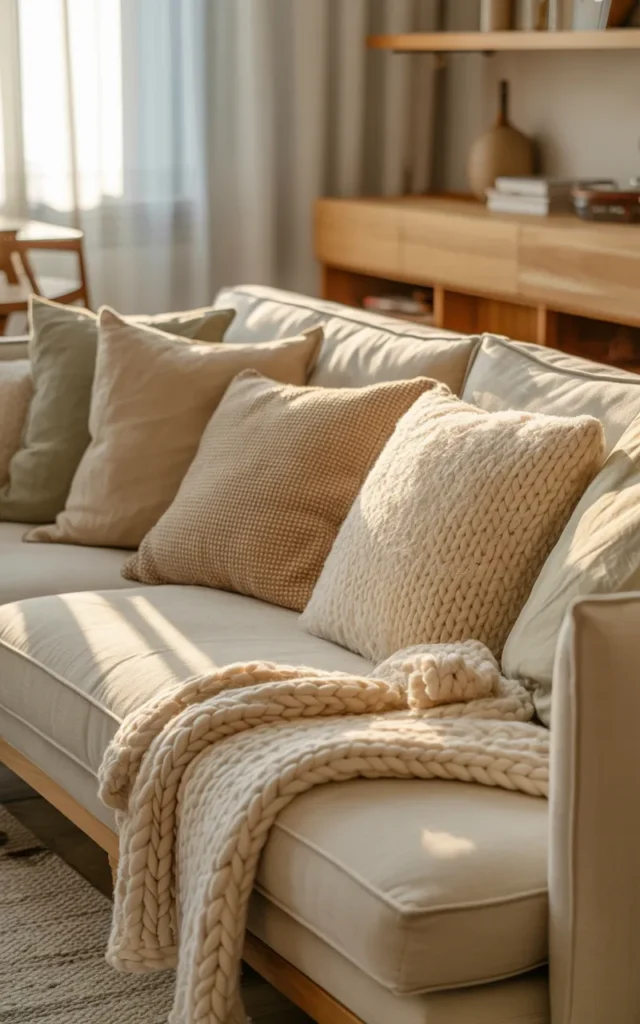 Layer soft neutral throw blankets across the sofa