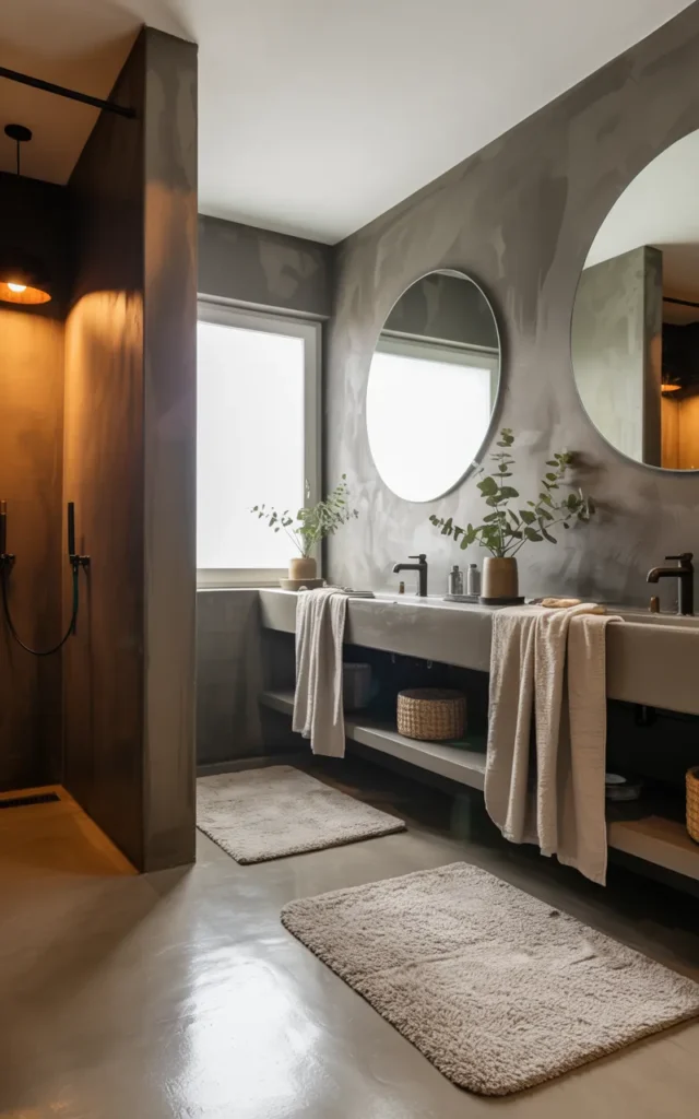 Mix concrete textures with soft grey finishes