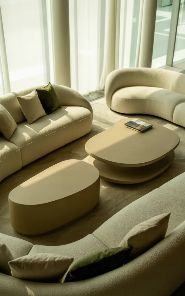 Mix curved furniture into the layout to soften sharp architecture
