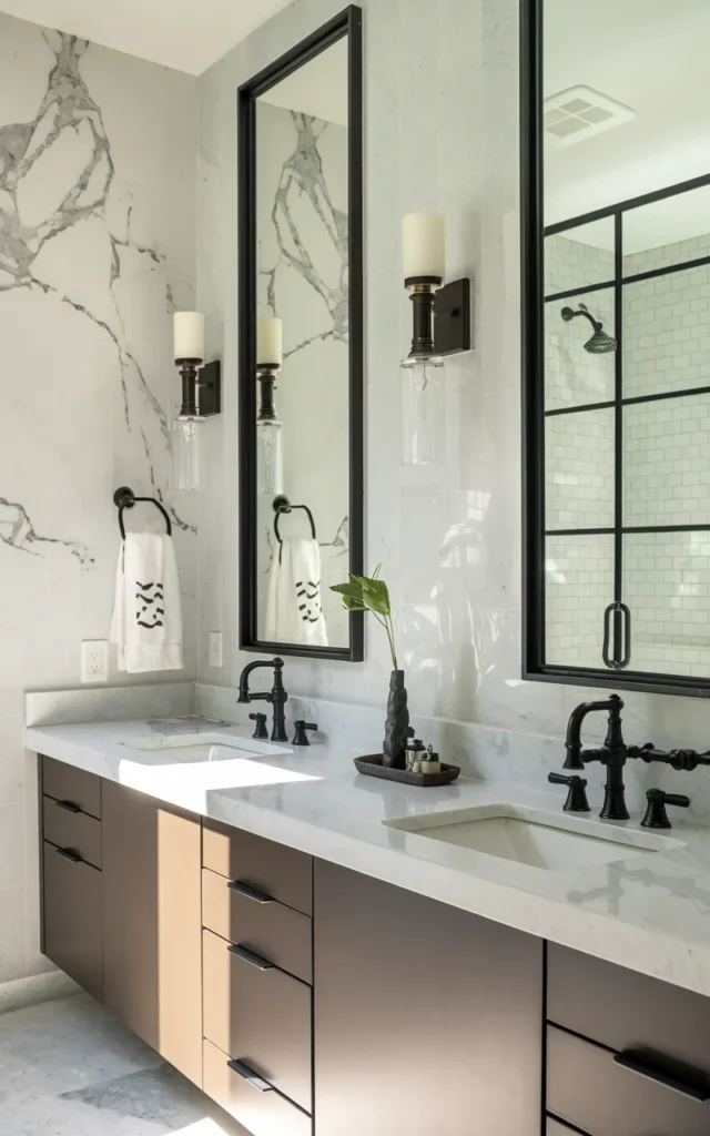 Mix marble textures with matte black accents