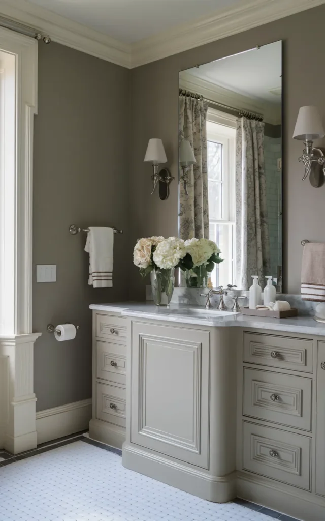 Pair soft grey walls with creamy white trim